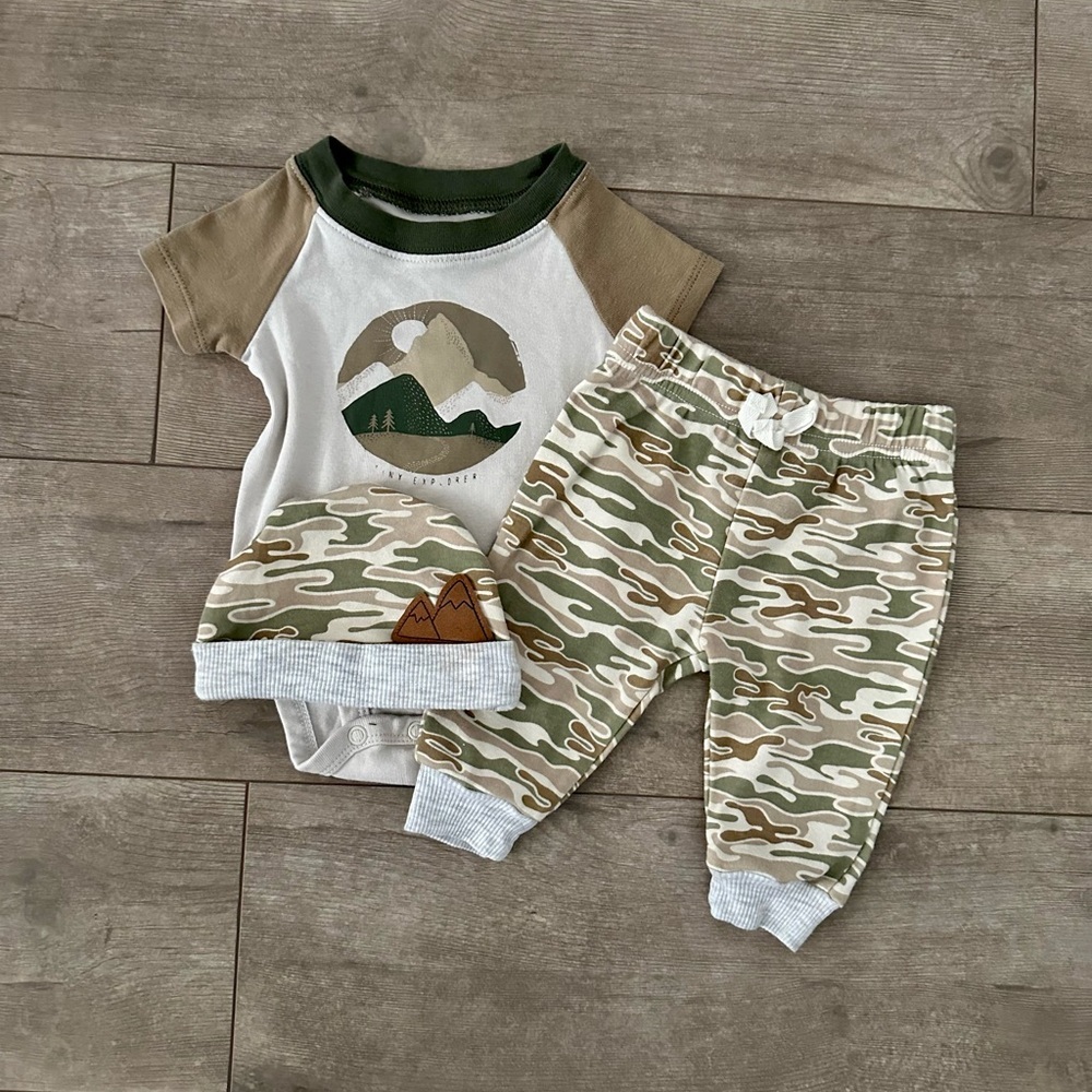 Baby Boy Camo Joggers, Hat & Nature Outdoor Shirt Baby Boy 0-3M